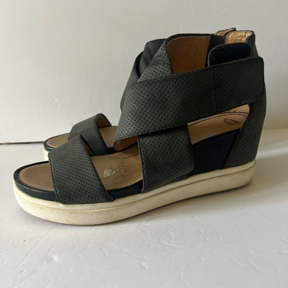 Black Dr Scholl's Sheena Strappy Wedge Sandals Women's Size 8 Black/ Dark Grey